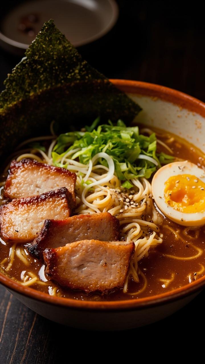 A large ramen bowl filled with amber soy broth, arranged with slices of seared pork belly, ramen noodles, thin rounds of green onion, and half of a soft-boiled egg. A sprinkle of sesame seeds and sheet of nori lean against the rim. A large ramen bowl filled with amber soy broth, arranged with slices of seared pork belly, ramen noodles, thin rounds of green onion, and half of a soft-boiled egg. A sprinkle of sesame seeds and sheet of nori lean against the rim.
