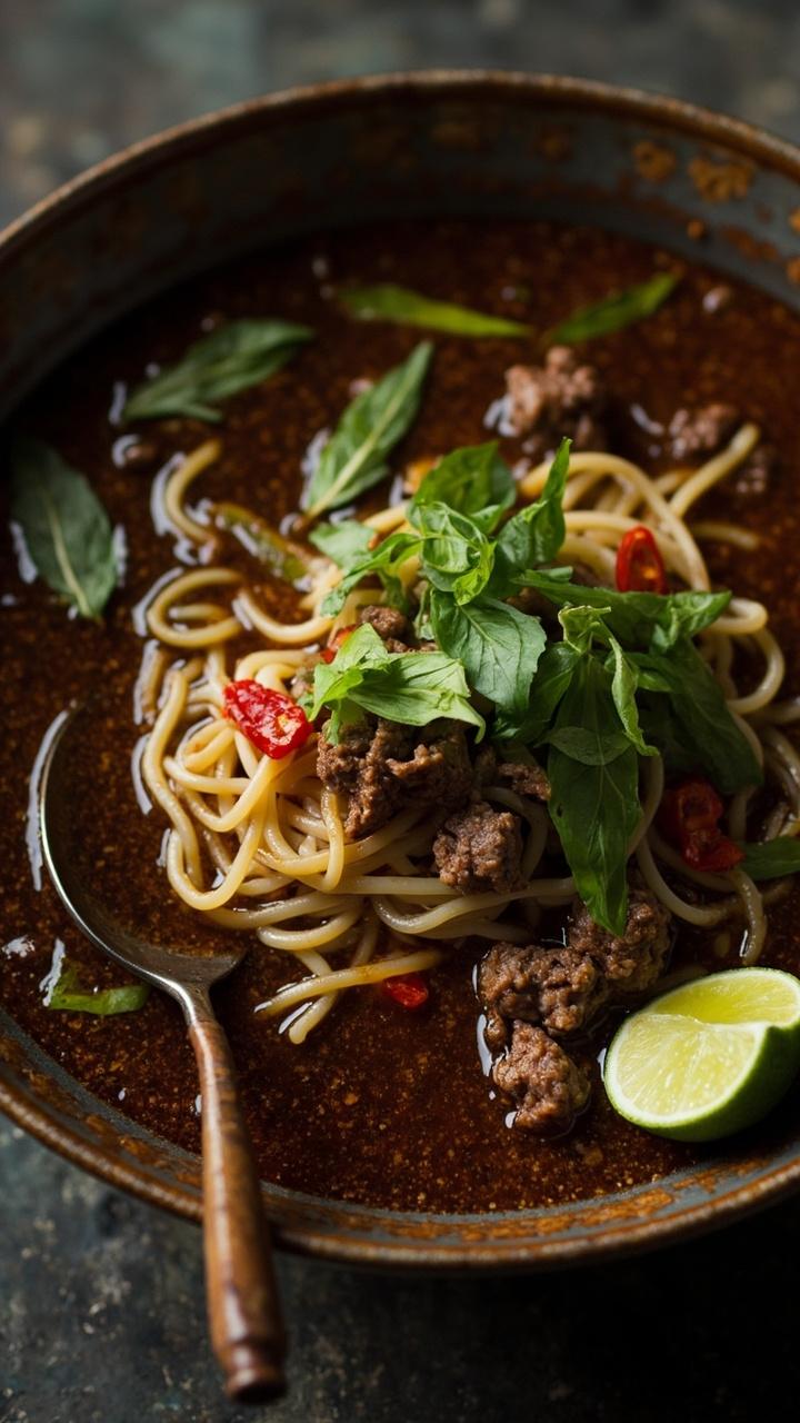 A shallow bowl with ramen noodles in a dark, saucy beef mixture, flecked with green ribbons of Thai basil, red chili slices, and bits of browned ground beef. A wedge of lime rests on the rim, and a vintage spoon sits alongside. A shallow bowl with ramen noodles in a dark, saucy beef mixture, flecked with green ribbons of Thai basil, red chili slices, and bits of browned ground beef. A wedge of lime rests on the rim, and a vintage spoon sits alongside.