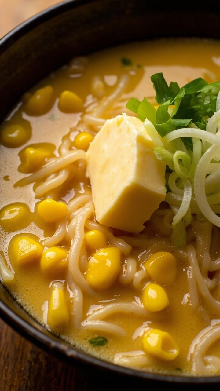 A large shallow bowl of ramen in pale yellow miso broth, piles of sweet corn kernels scattered on top, a generous chunk of butter melting into the noodles, and sliced green onions for brightness. A large shallow bowl of ramen in pale yellow miso broth, piles of sweet corn kernels scattered on top, a generous chunk of butter melting into the noodles, and sliced green onions for brightness.