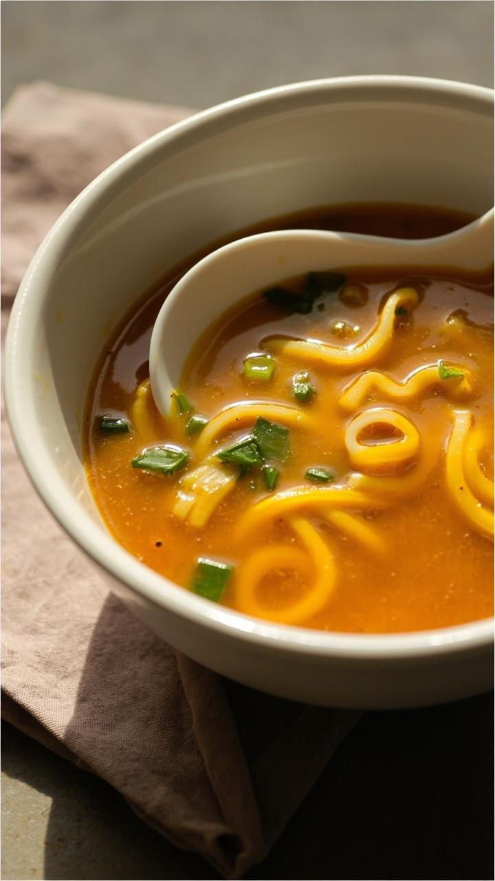 A round bowl filled with clear, golden ramen broth laced with delicate yellow egg ribbons and a scattering of chopped green onions, with a porcelain spoon resting inside the bowl and a soft, folded napkin underneath. A round bowl filled with clear, golden ramen broth laced with delicate yellow egg ribbons and a scattering of chopped green onions, with a porcelain spoon resting inside the bowl and a soft, folded napkin underneath.