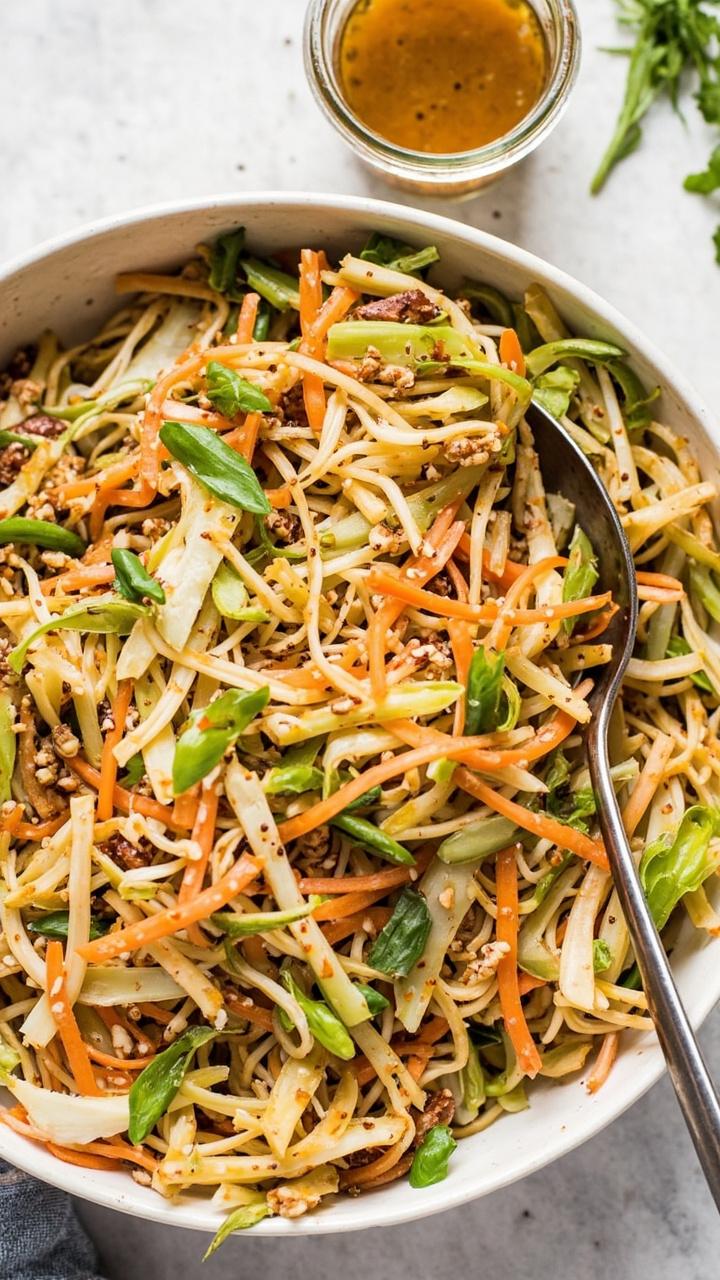 A wide serving bowl with crunchy broken ramen noodles, thin shreds of cabbage, slivers of carrot, green onions, and toasted almonds, all glistening with sesame vinaigrette. A serving spoon rests at the ready, with extra dressing in a glass jar nearby. A wide serving bowl with crunchy broken ramen noodles, thin shreds of cabbage, slivers of carrot, green onions, and toasted almonds, all glistening with sesame vinaigrette. A serving spoon rests at the ready, with extra dressing in a glass jar nearby.