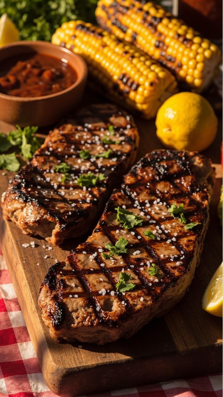 Thick grilled pork steaks with charred grill marks rest on a wooden board, topped with a sprinkle of coarse salt and chopped parsley. There’s a small bowl of barbecue sauce on the side, grilled corn and a wedge of lemon nearby, all set on a checkered tablecloth. Thick grilled pork steaks with charred grill marks rest on a wooden board, topped with a sprinkle of coarse salt and chopped parsley. There’s a small bowl of barbecue sauce on the side, grilled corn and a wedge of lemon nearby, all set on a checkered tablecloth.