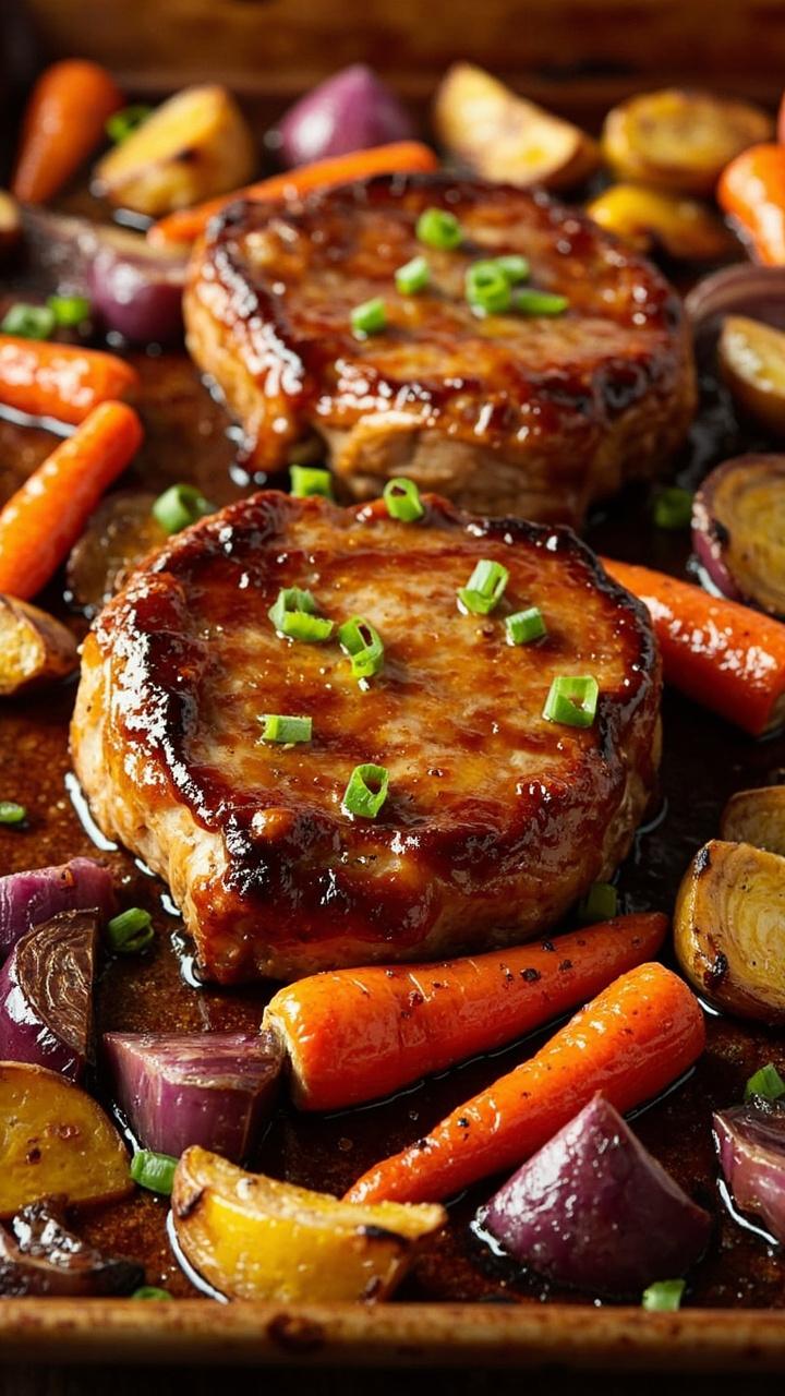 Golden roasted pork steaks glazed with honey garlic sauce, arranged on a baking sheet with colorful roasted baby carrots and red onions. The honey glaze shines and there’s a scattering of chopped green onions over everything. Golden roasted pork steaks glazed with honey garlic sauce, arranged on a baking sheet with colorful roasted baby carrots and red onions. The honey glaze shines and there’s a scattering of chopped green onions over everything.