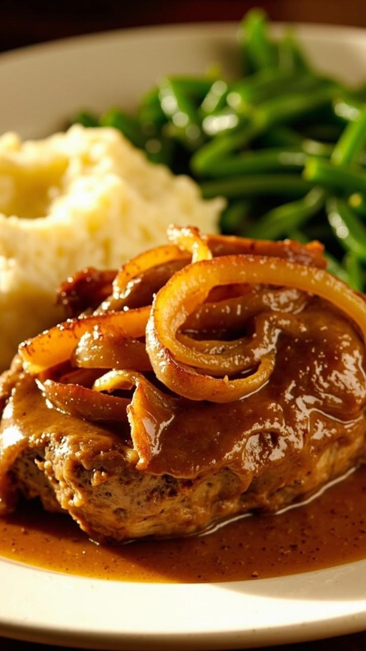 Juicy pork steaks bathed in golden onion gravy sit on a plate next to fluffy mashed potatoes and a tumble of fresh green beans. Sliced caramelized onions rest on top as a garnish. Juicy pork steaks bathed in golden onion gravy sit on a plate next to fluffy mashed potatoes and a tumble of fresh green beans. Sliced caramelized onions rest on top as a garnish.