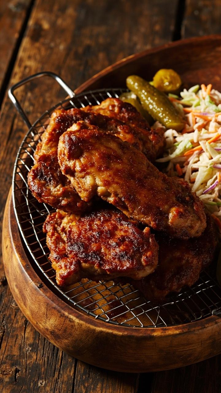 Golden-brown fried pork steaks with crispy edges, piled on a wire rack set over a platter. There’s a side of creamy coleslaw and pickles, all arranged on a wooden table. Golden-brown fried pork steaks with crispy edges, piled on a wire rack set over a platter. There’s a side of creamy coleslaw and pickles, all arranged on a wooden table.