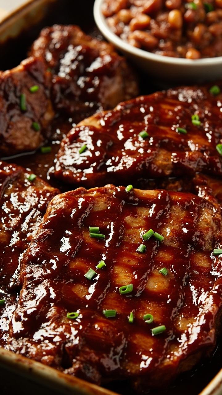 Thick pork steaks coated in a sticky layer of BBQ sauce, arranged in a casserole dish. There are grill marks from oven broiling, a side of baked beans, and a sprinkle of chopped chives. Thick pork steaks coated in a sticky layer of BBQ sauce, arranged in a casserole dish. There are grill marks from oven broiling, a side of baked beans, and a sprinkle of chopped chives.