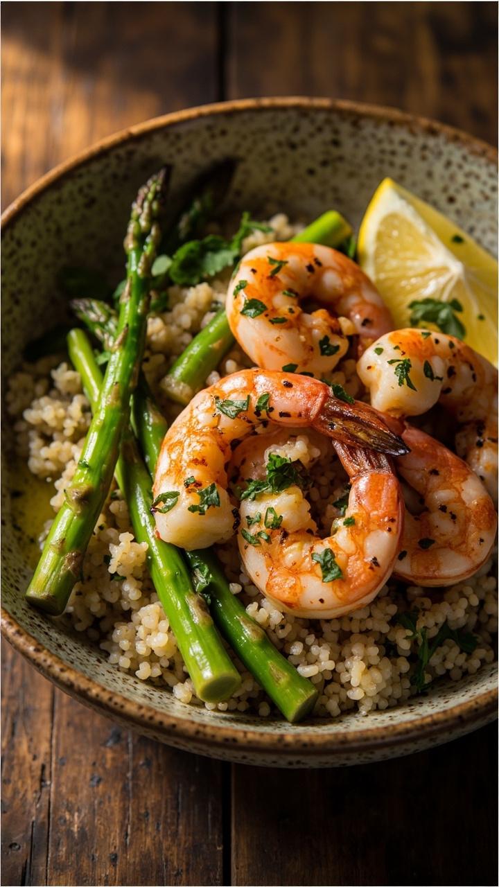 A speckled stoneware bowl filled with fluffy quinoa, grilled shrimp topped with oregano and parsley, cooked asparagus spears, and a lemon wedge. The shrimp are golden and slightly charred, with a drizzle of herb vinaigrette.