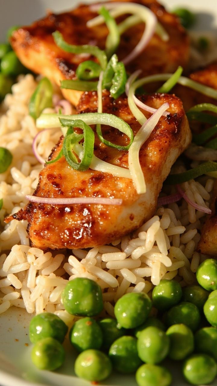 Plump cod fillets topped with golden brown miso butter crust, served atop fluffy white rice with bright green edamame on the side, and a sprinkle of sliced scallions over everything.