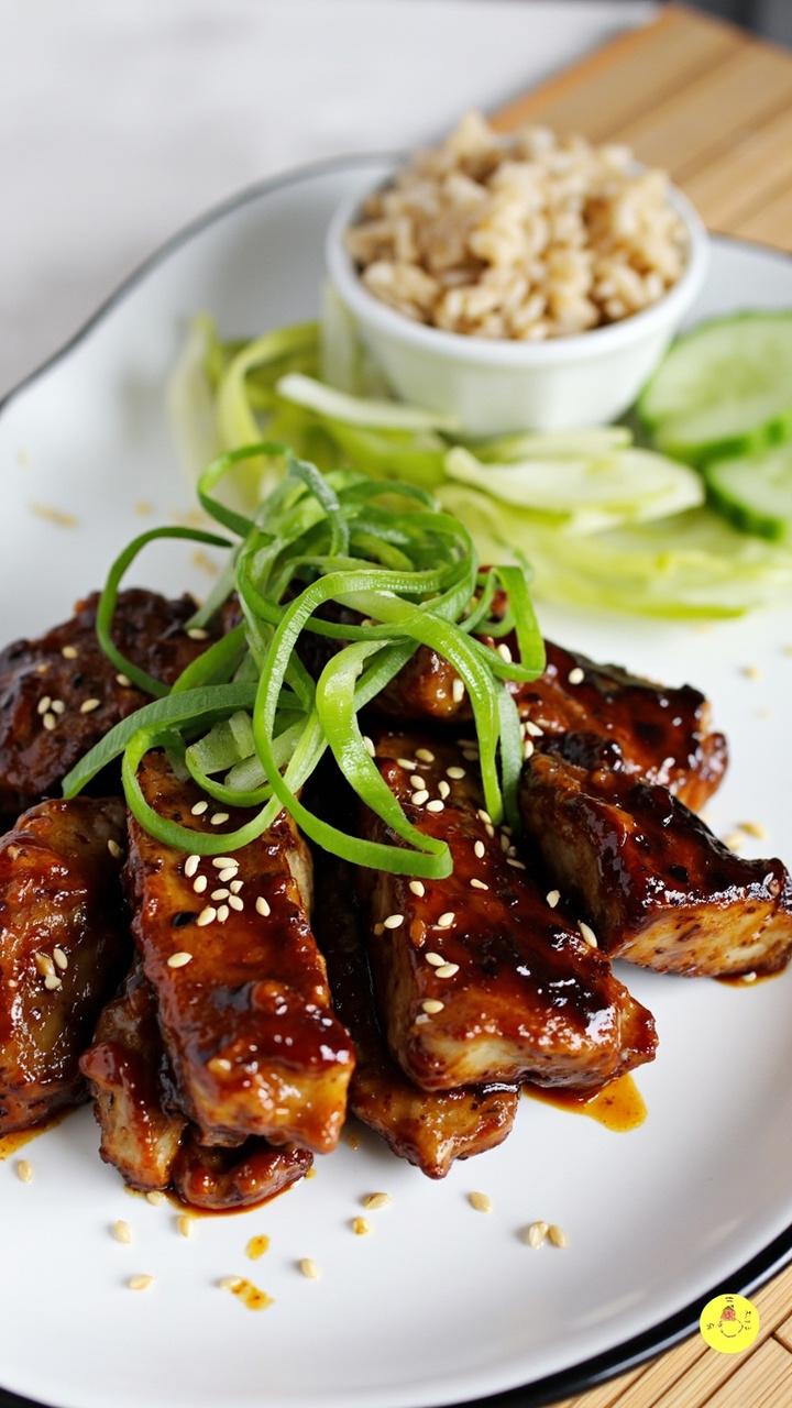 Caramelized pork steaks glazed with a dark soy-ginger sauce on a white plate, sprinkled with sesame seeds and sliced green onions. There’s a bowl of steamed jasmine rice beside the pork and thin cucumber slices on the side. Caramelized pork steaks glazed with a dark soy-ginger sauce on a white plate, sprinkled with sesame seeds and sliced green onions. There’s a bowl of steamed jasmine rice beside the pork and thin cucumber slices on the side.
