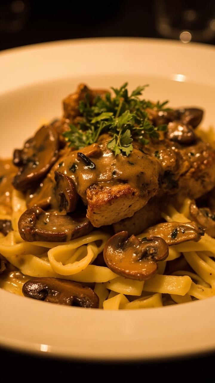 Tender pork steaks smothered in creamy mushroom gravy, served atop a mound of buttery egg noodles. Sliced mushrooms and chopped parsley garnish on top, presented in a wide, shallow bowl. Tender pork steaks smothered in creamy mushroom gravy, served atop a mound of buttery egg noodles. Sliced mushrooms and chopped parsley garnish on top, presented in a wide, shallow bowl.