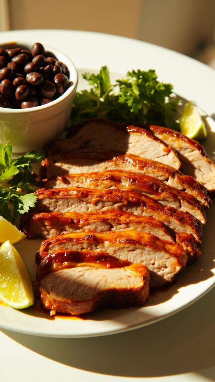 Pork steaks with a golden-orange glaze, sliced and fanned out on a platter. There’s a side of lime wedges, chopped cilantro, and a small bowl of black beans nearby, all on a sunlit white table. Pork steaks with a golden-orange glaze, sliced and fanned out on a platter. There’s a side of lime wedges, chopped cilantro, and a small bowl of black beans nearby, all on a sunlit white table.