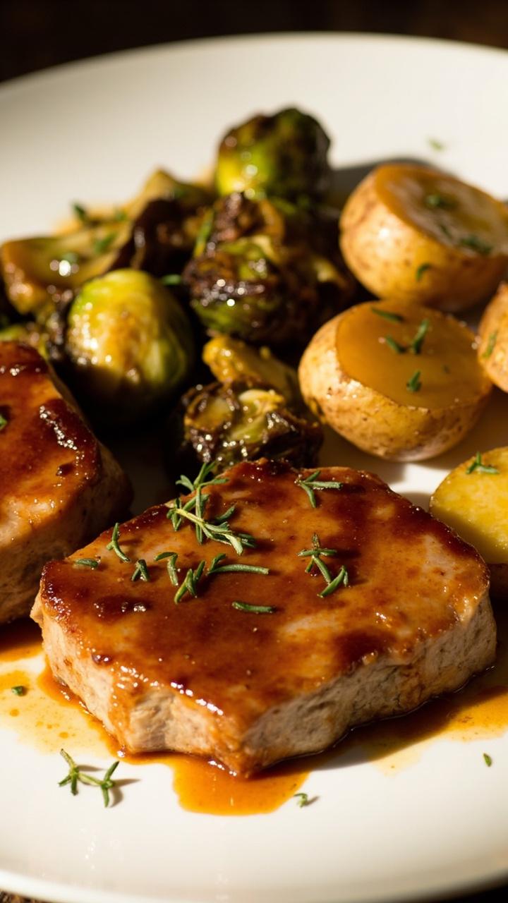 Glazed pork steaks with a sticky maple-Dijon finish, layered on a white plate. There are roasted Brussels sprouts and halved new potatoes on the side. The sauce is drizzled over everything, with a garnish of fresh thyme. Glazed pork steaks with a sticky maple-Dijon finish, layered on a white plate. There are roasted Brussels sprouts and halved new potatoes on the side. The sauce is drizzled over everything, with a garnish of fresh thyme.