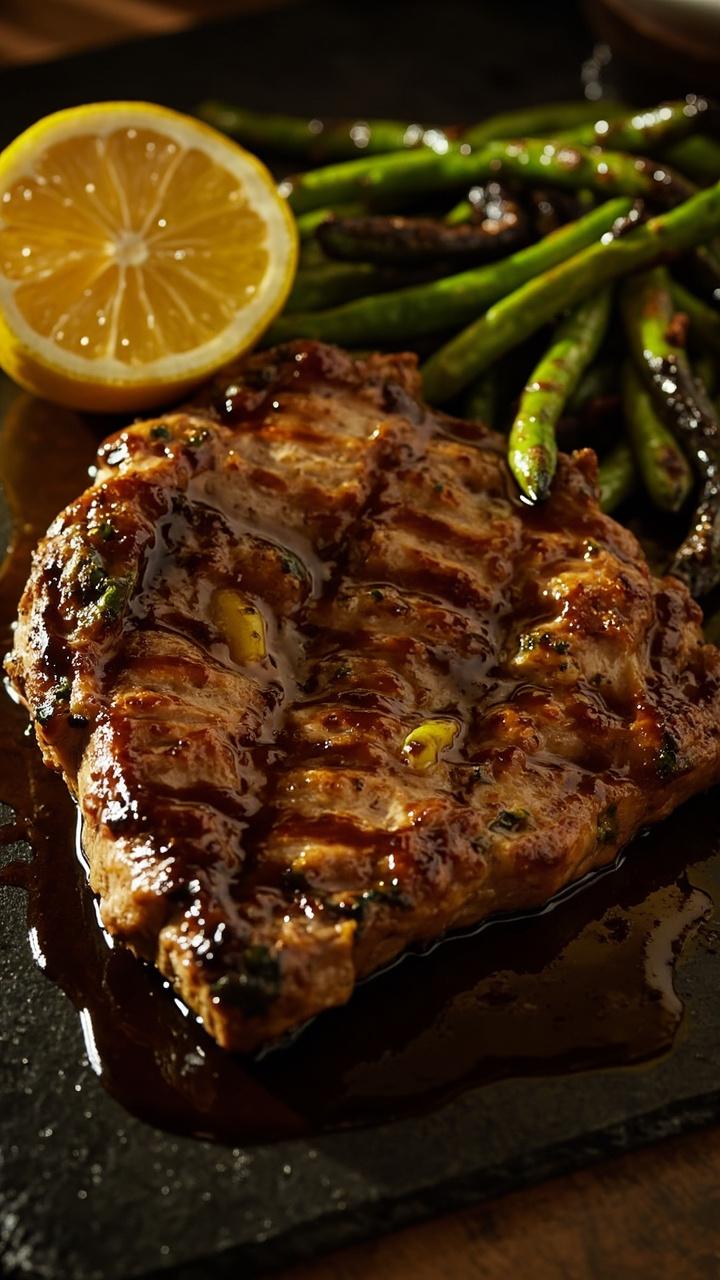 Sliced pork steaks glistening with melted garlic-herb butter, arranged on a slate board. There are charred green beans on the side, and a wedge of lemon on the corner. Sliced pork steaks glistening with melted garlic-herb butter, arranged on a slate board. There are charred green beans on the side, and a wedge of lemon on the corner.