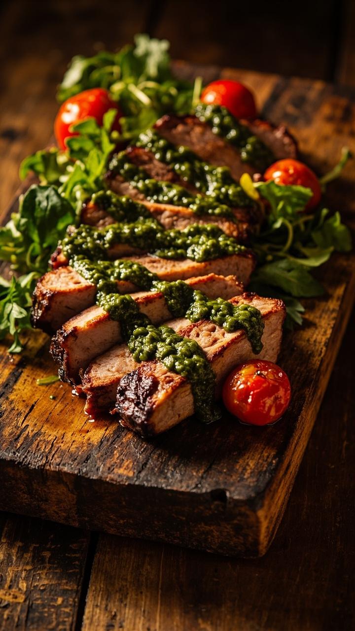Grilled pork steaks sliced and laid on a platter, vibrantly drizzled with green chimichurri sauce. There are roasted cherry tomatoes and a handful of arugula leaves on the side, with a drizzle of olive oil. Grilled pork steaks sliced and laid on a platter, vibrantly drizzled with green chimichurri sauce. There are roasted cherry tomatoes and a handful of arugula leaves on the side, with a drizzle of olive oil.