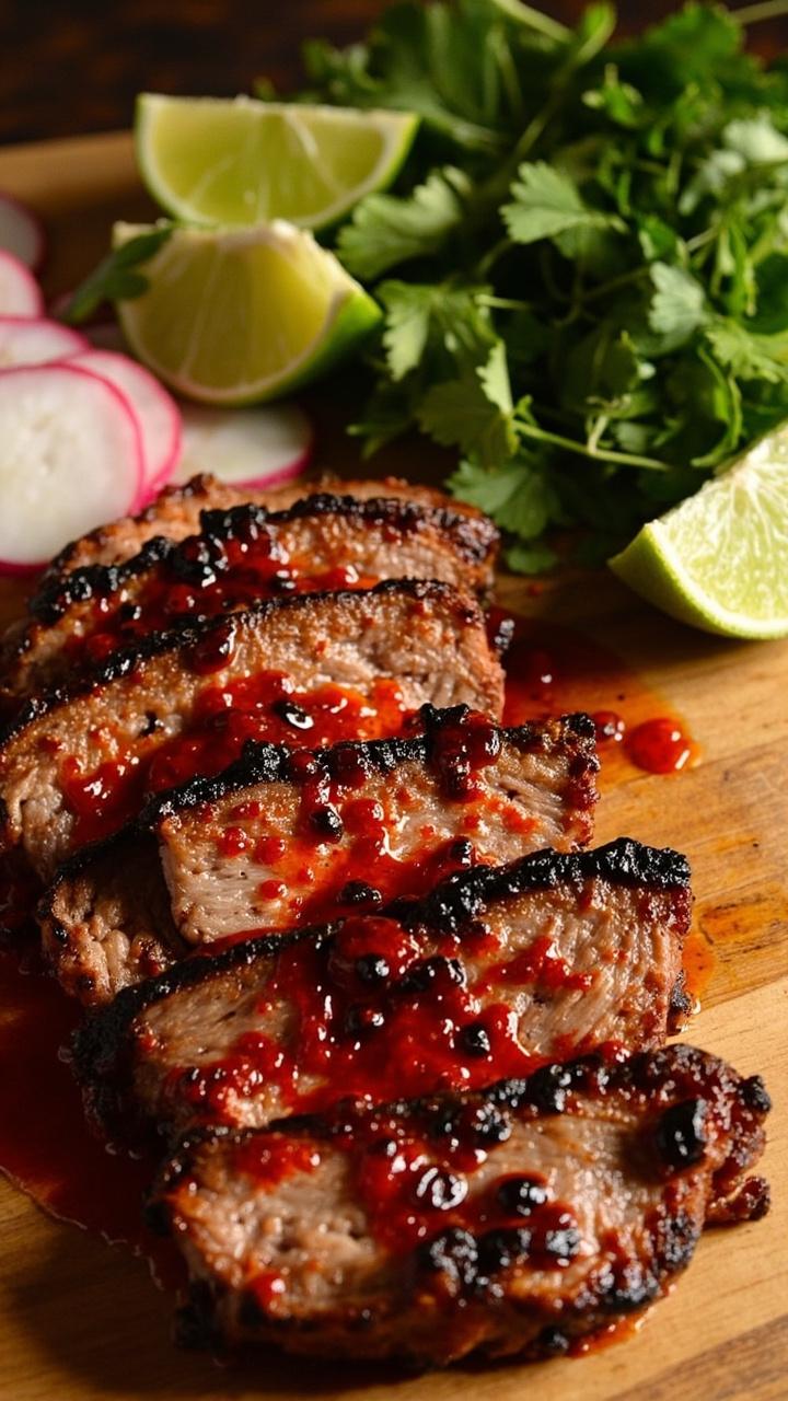Charred pork steaks with a red chile-lime glaze, fanned out on a wooden cutting board. There are lime wedges, sliced radishes, and a handful of cilantro leaves on the side. Charred pork steaks with a red chile-lime glaze, fanned out on a wooden cutting board. There are lime wedges, sliced radishes, and a handful of cilantro leaves on the side.