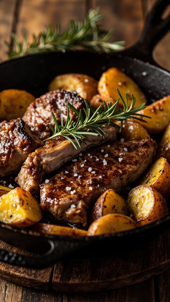 Thick cubes of pork steak and golden potato wedges in a rustic cast iron skillet. The potatoes are crispy at the edges and there’s a sprinkle of fresh rosemary on top. Thick cubes of pork steak and golden potato wedges in a rustic cast iron skillet. The potatoes are crispy at the edges and there’s a sprinkle of fresh rosemary on top.