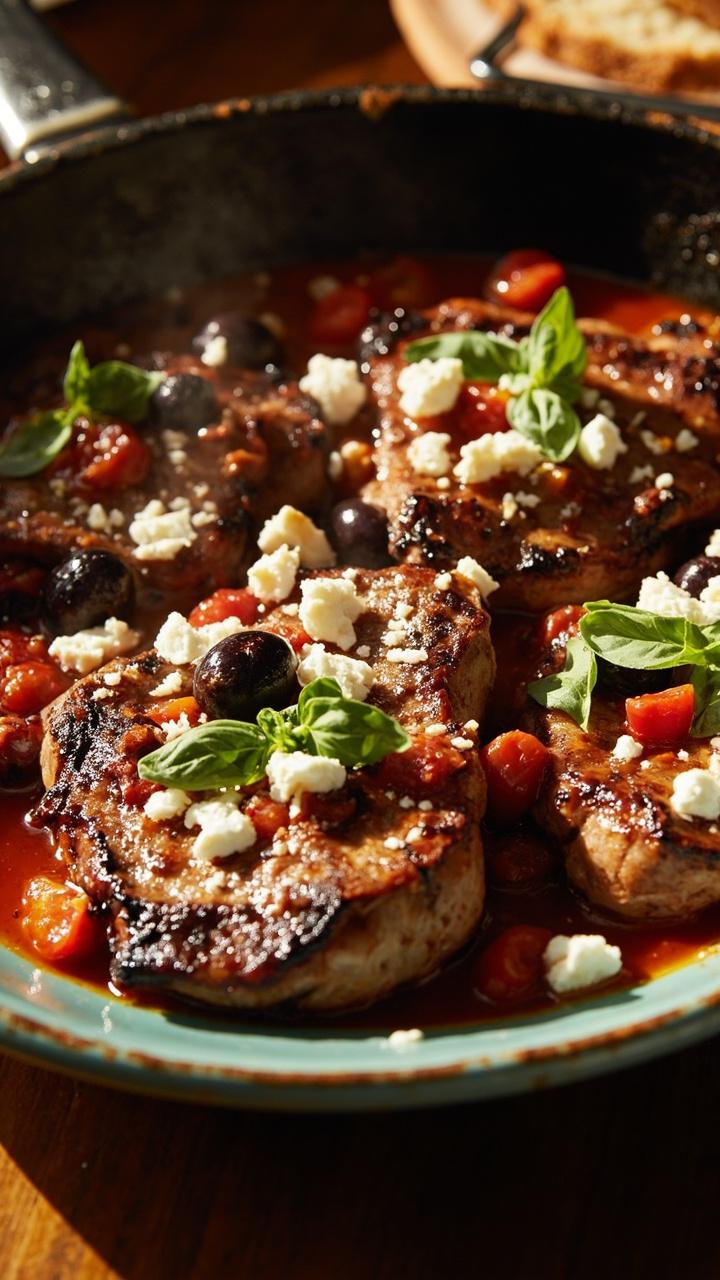 Pork steaks in a skillet sauce with cherry tomatoes, Kalamata olives, and fresh basil leaves. Everything is garnished with crumbled feta and set on a light blue plate. Pork steaks in a skillet sauce with cherry tomatoes, Kalamata olives, and fresh basil leaves. Everything is garnished with crumbled feta and set on a light blue plate.