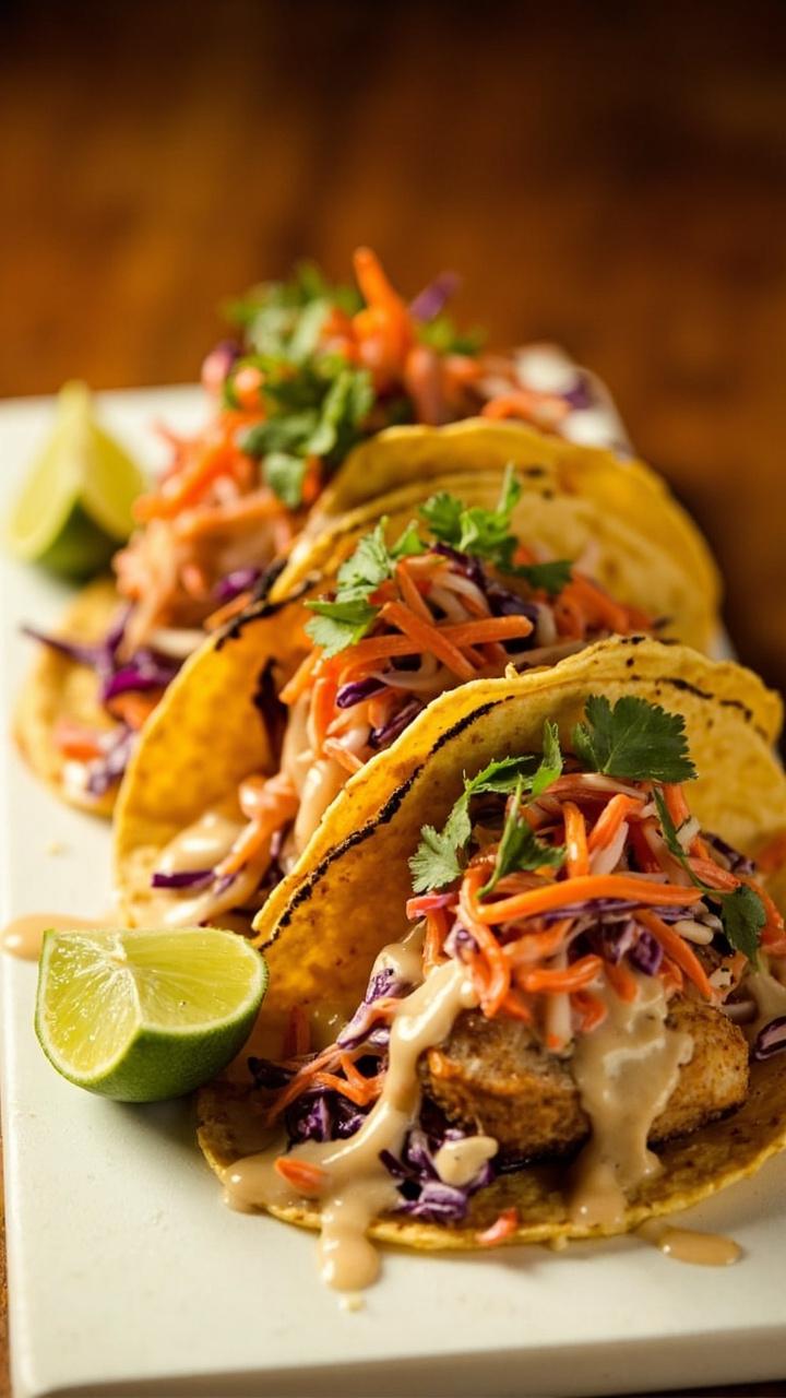 Three corn tortillas filled with golden pan-seared fish, a mountain of crunchy cabbage slaw with cilantro, all drizzled with creamy sauce, and lime wedges on the side. Laid out on a white serving board.