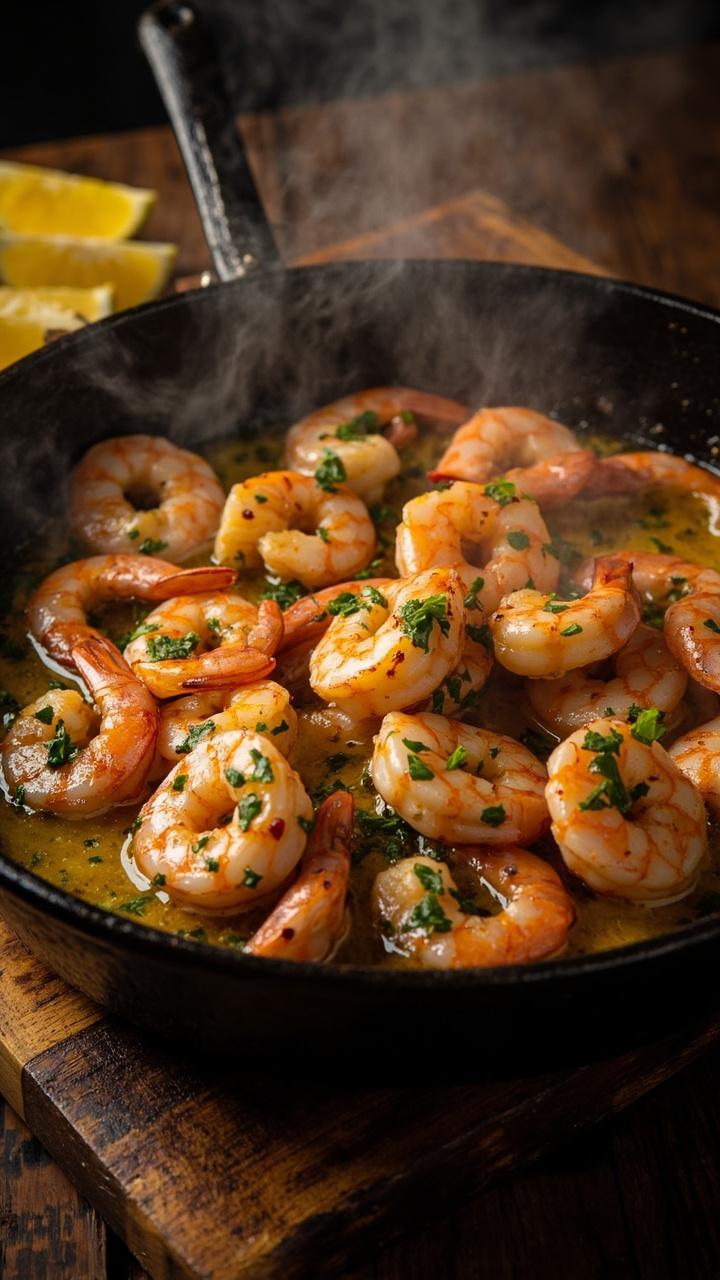 Pan-seared shrimp glistening in melted butter and chopped garlic, sprinkled with fresh parsley, served in a black cast iron skillet on a wooden board, lemon wedges on the side.