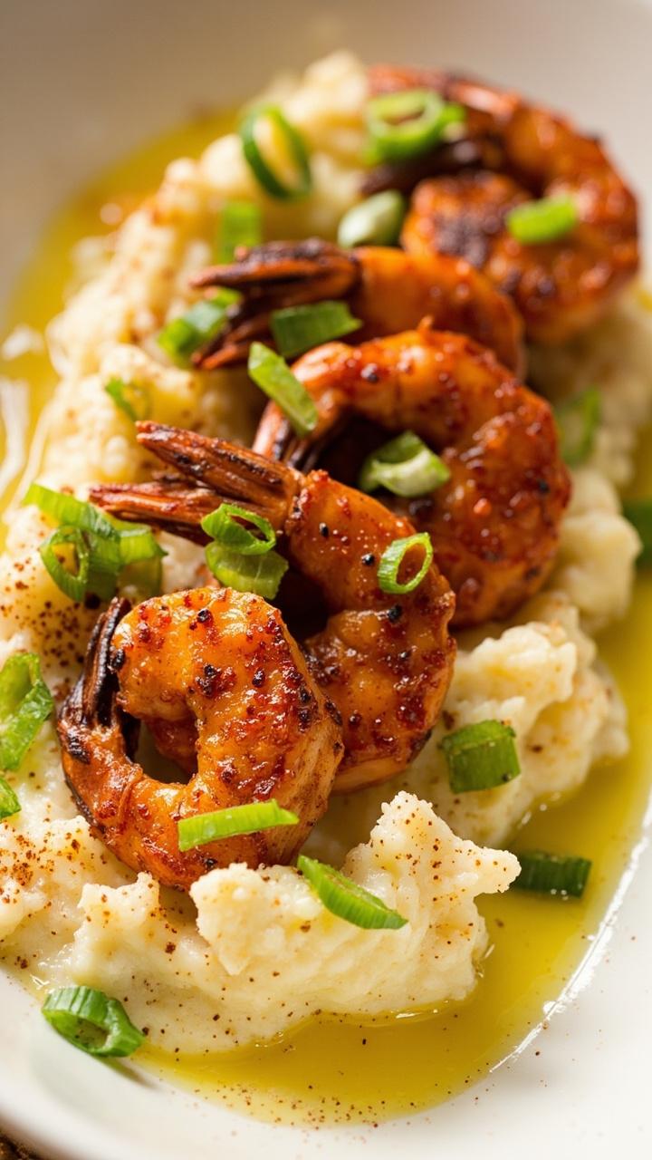 Spiced, blackened shrimp piled on thick, creamy cauliflower mash, garnished with sliced green onions, in a shallow white bowl with a dusting of Cajun spice.