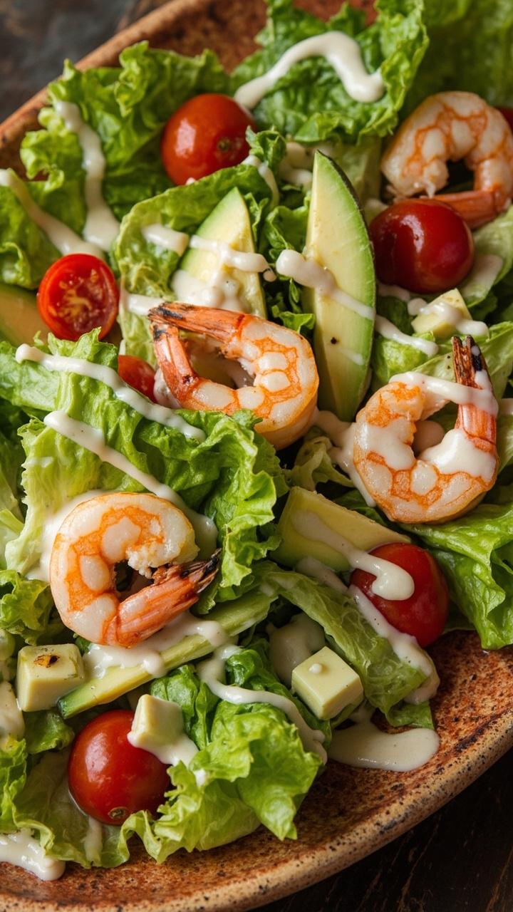 Crisp butter lettuce leaves filled with sautéed shrimp, diced avocado, and cherry tomatoes, topped with a drizzle of creamy lime dressing on a rustic plate.