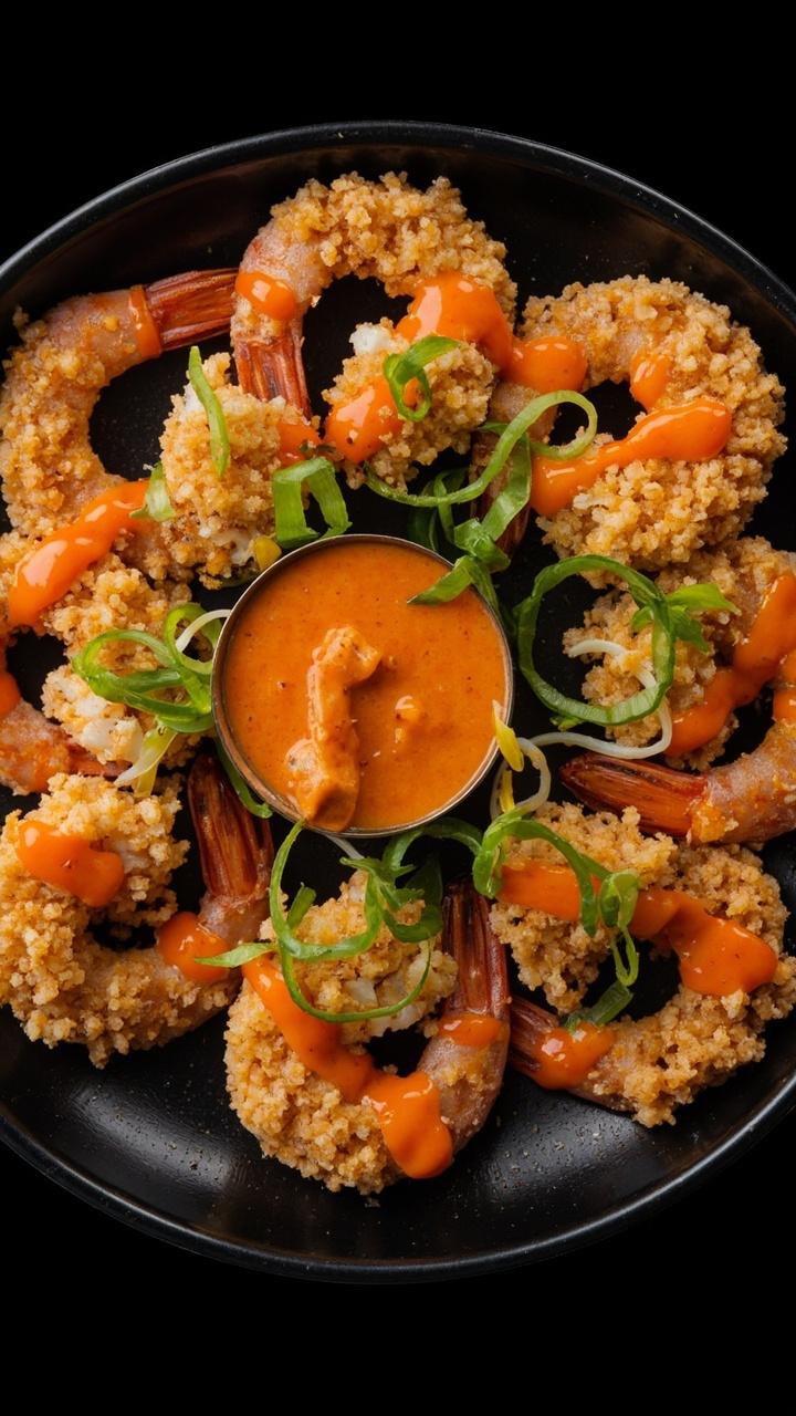 Crispy breaded shrimp arranged on a dark serving plate, drizzled with creamy orange chili sauce, topped with green onion slices and sesame seeds.