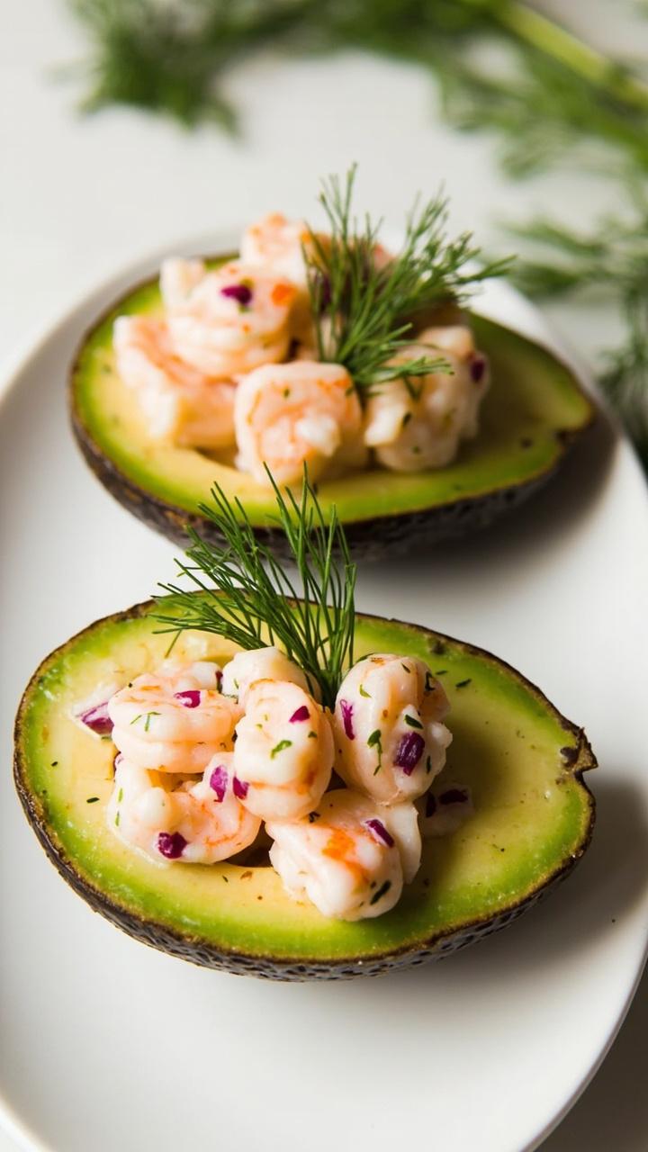 Halved avocados with the pit removed, each filled with a chunky shrimp salad flecked with red onion and fresh dill, set on a white oval platter.