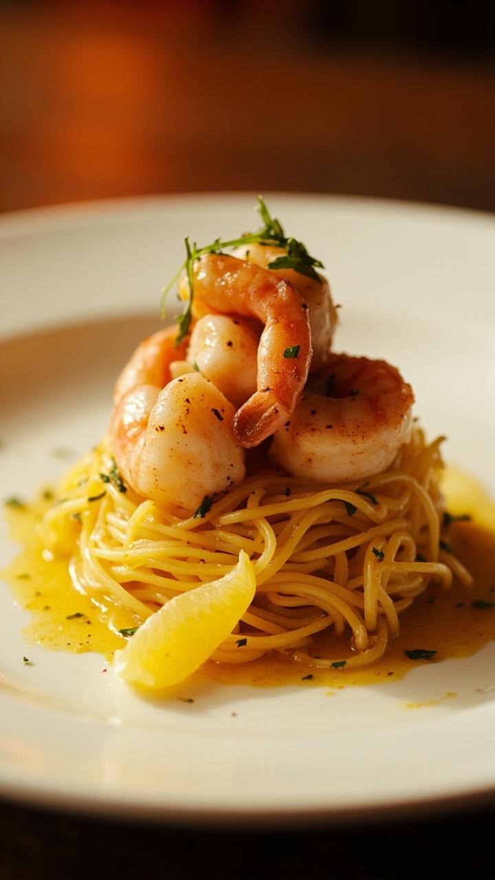 A mound of golden spaghetti squash strands topped with glistening shrimp in a light garlic-butter sauce, sprinkled with parsley and a lemon twist, all on a ceramic dinner plate.