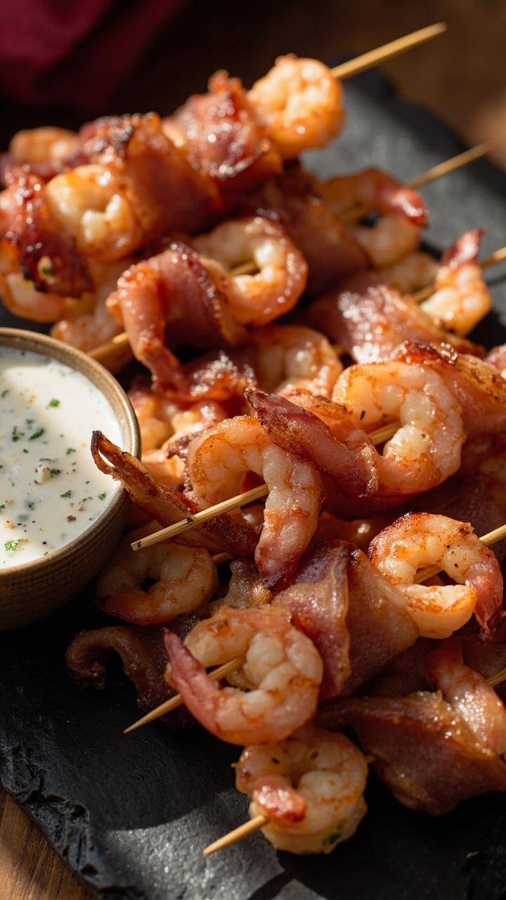 Plump shrimp each wrapped in a strip of crispy bacon, speared on toothpicks, arranged on a slate platter with a small side bowl of creamy ranch dip.