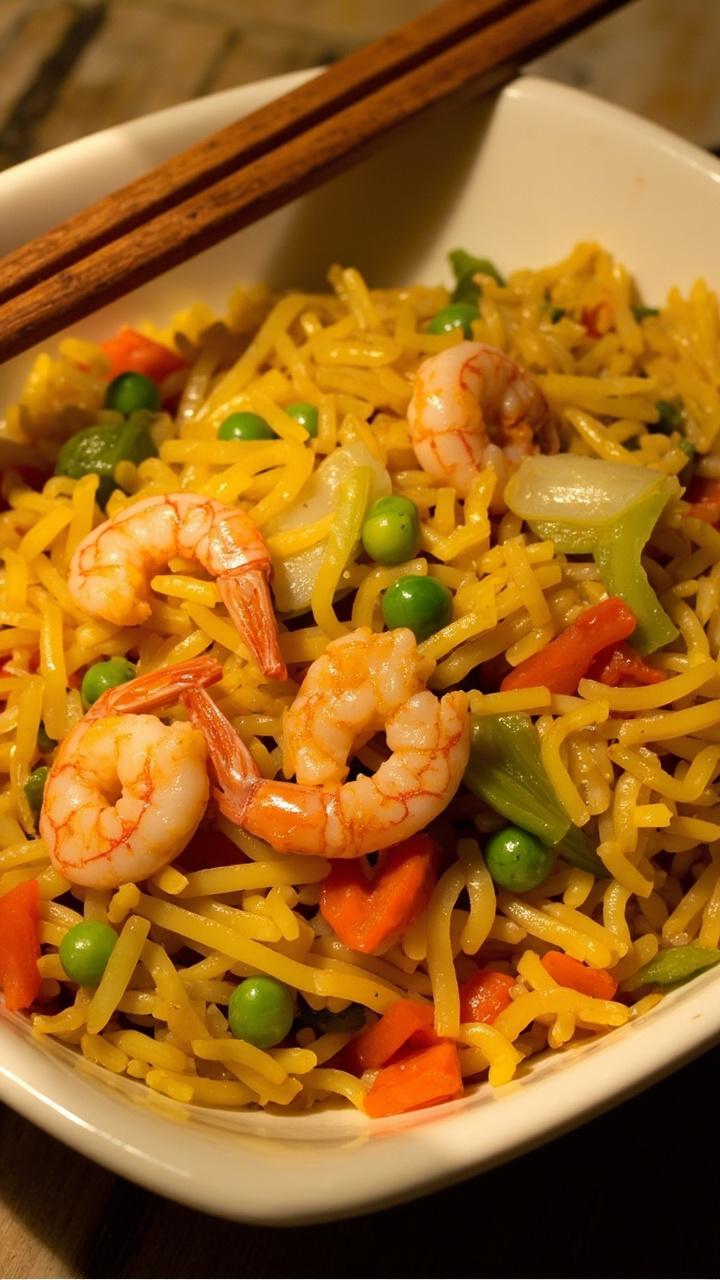 Golden cauliflower rice stir-fried with pink shrimp, bright peas, diced carrots, and green onions, dished up in a flat bowl with chopsticks on the side.