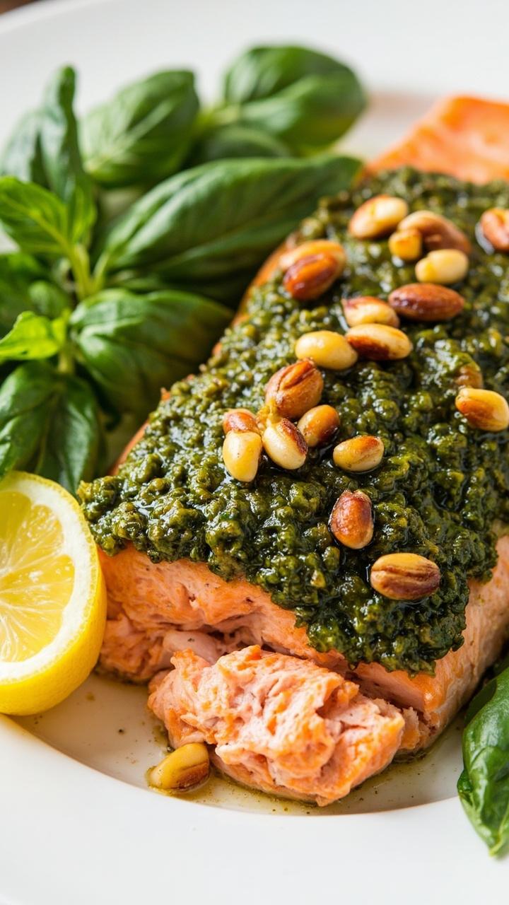 A single filet of salmon baked to a soft pink, slathered in vibrant green pesto and sprinkled with toasted pine nuts, sliced and served on a white platter with a lemon wedge and basil leaves.