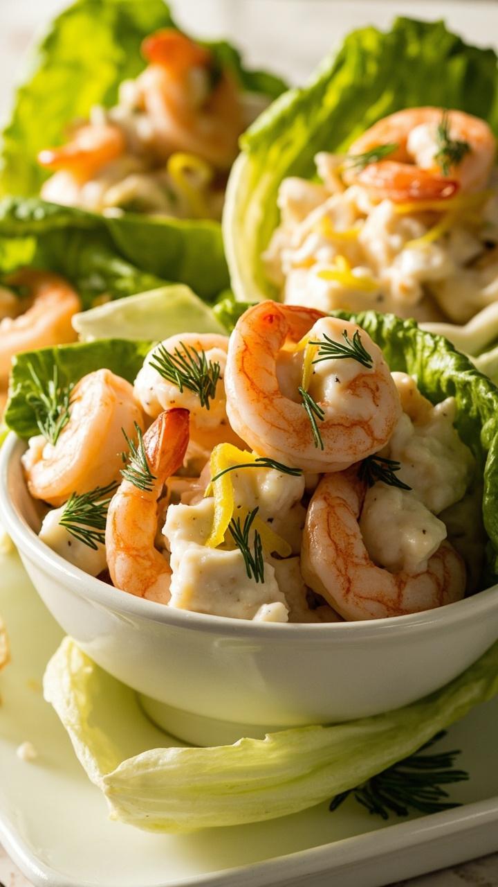 A bowl filled with creamy shrimp salad, flecked with green dill and lemon zest, spooned into crisp romaine hearts and arranged on a white tray.