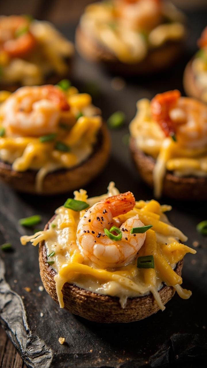 Large portobello mushroom caps, filled and baked with cheesy shrimp mixture, golden and bubbly, sprinkled with fresh chives and served on a slate platter.