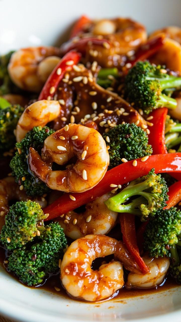 Stir-fried shrimp with bright green broccoli florets and red bell pepper strips, glazed with soy sauce and sesame, served in a large white bowl with a sprinkle of sesame seeds.