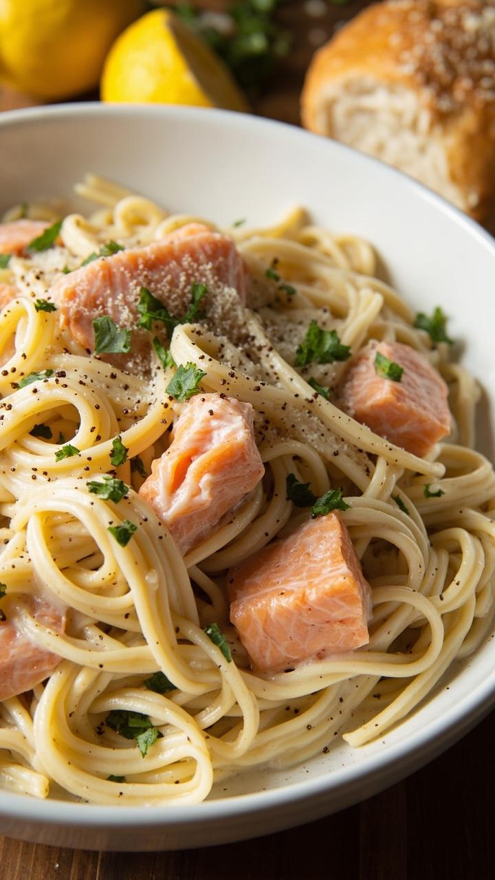 A large white bowl with fettuccine noodles tangled in a glossy white Alfredo sauce, dotted with pink flakes of cooked salmon, freshly cracked black pepper, chopped parsley, and a sprinkle of parmesan. Lemon wedges and a warm bread roll sit nearby.