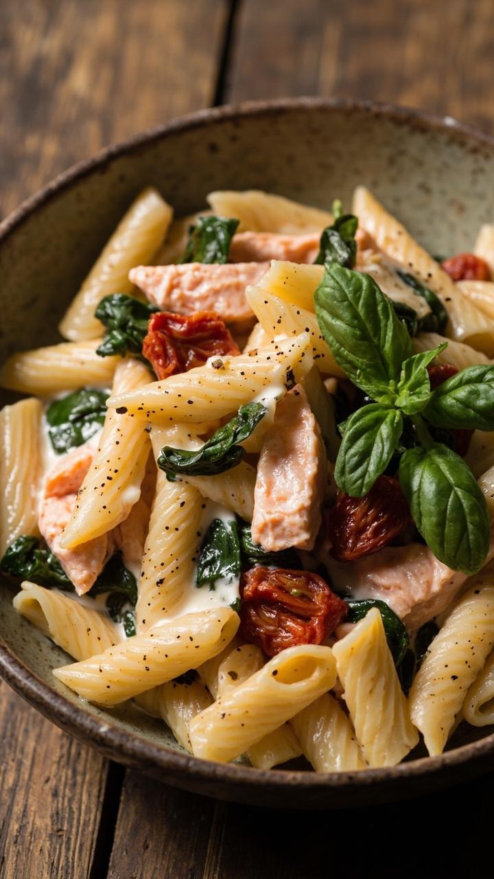 A shallow bowl holding penne pasta coated in a blush-colored cream sauce with chunks of pink salmon, wilted spinach, and bits of sun-dried tomato. Garnished with fresh basil leaves and cracked pepper.