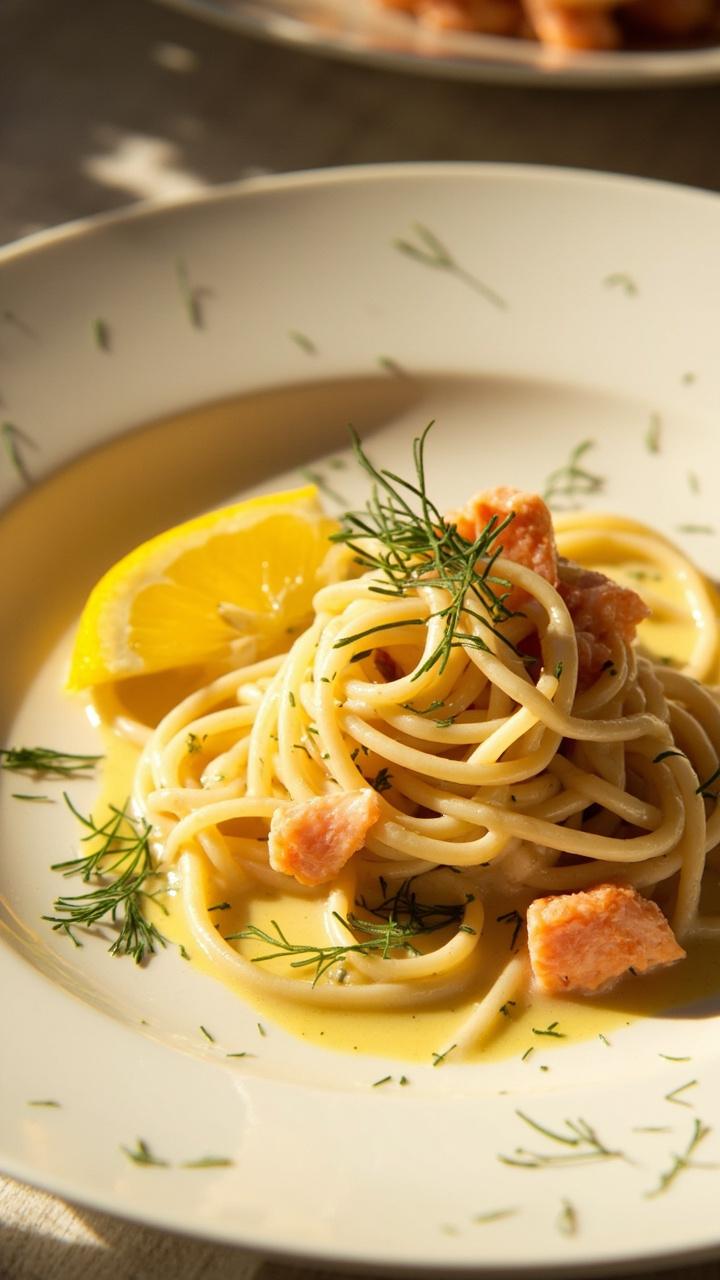 A twirl of spaghetti in a creamy, pale-yellow sauce with scattered flakes of salmon, flecks of green dill, and a lemon wedge on the side of a white plate. Sprinkled with extra dill.