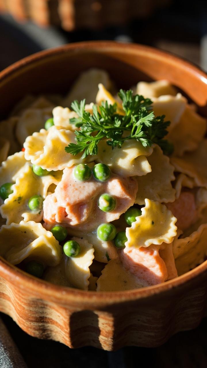 Farfalle pasta with green peas and pink salmon chunks in a creamy sauce, served in a rustic ceramic bowl and sprinkled with fresh parsley.