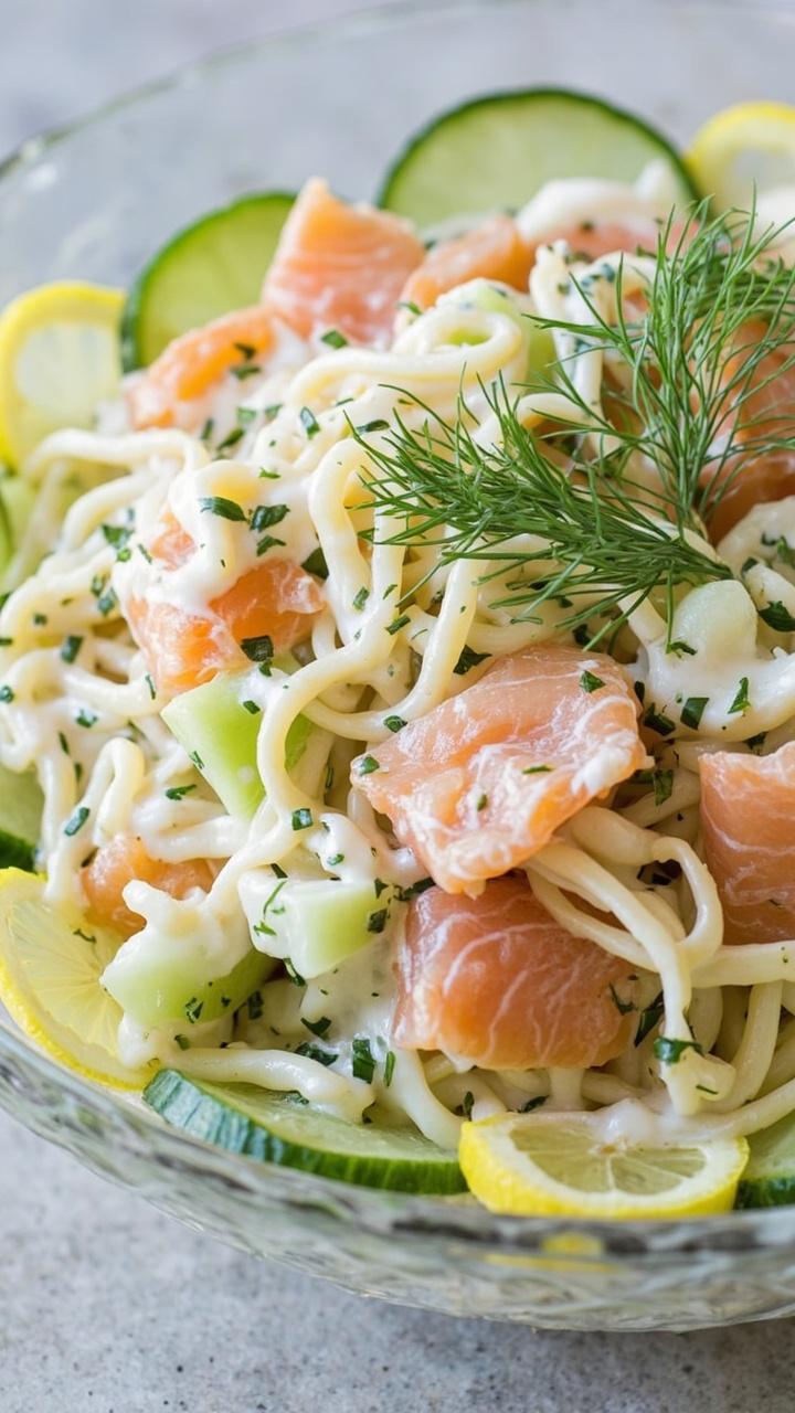 Short pasta cooled and tossed with strips of pink cold-smoked salmon, chopped cucumber, dill, and a creamy white sauce. Served chilled in a wide glass bowl garnished with lemon slices.