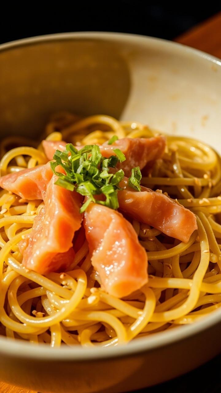 A deep bowl of spaghetti in a pale creamy sauce, flecked with golden-brown miso, pink salmon, and sliced green onions on top. Light sesame seeds scatter over the surface.