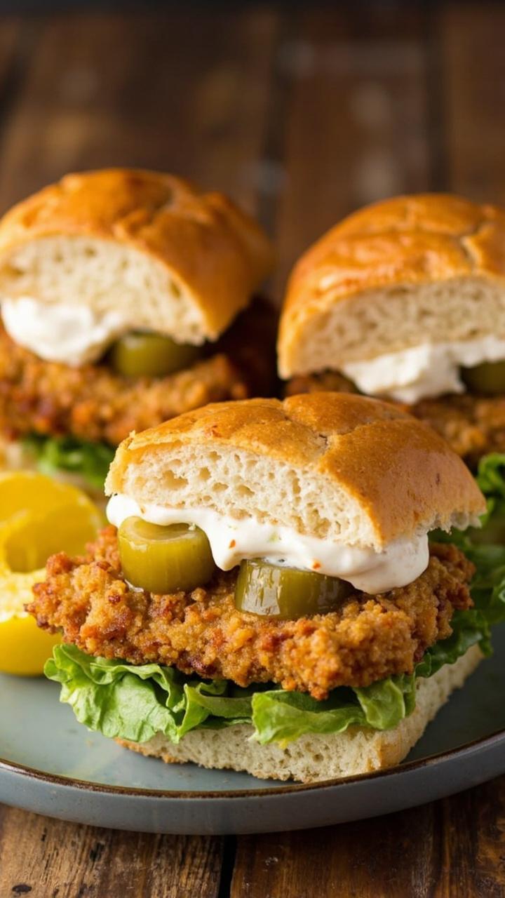 Golden breaded fish filets layered on soft buns with homemade tartar sauce, crisp lettuce, and pickles. Each sandwich is slightly askew showing the layers. A lemon wedge sits next to the plate.