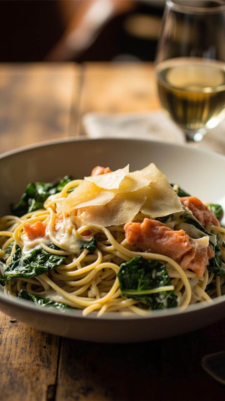 A shallow white bowl of linguine tangled in a creamy white sauce with wilted spinach, flaked salmon, and shavings of parmesan. A glass of white wine in the background.