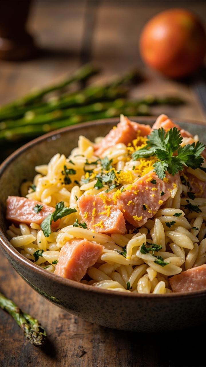 A broad, shallow bowl filled with creamy orzo, pink pieces of salmon, lemon zest, chopped parsley, and a few roasted asparagus spears along the side.