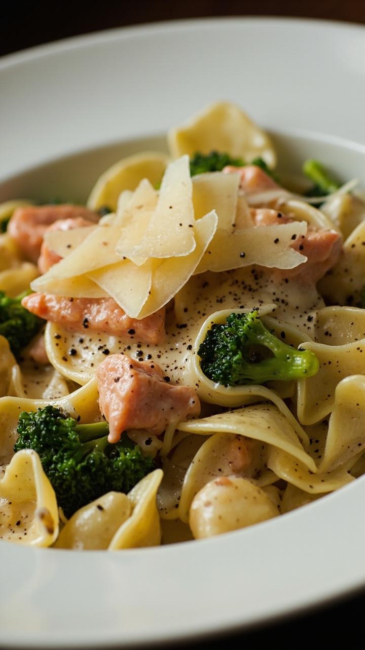 A white serving bowl with shell pasta, flaked salmon, and broccoli florets mixed in a velvety white sauce. Freshly ground black pepper and parmesan shavings on top.