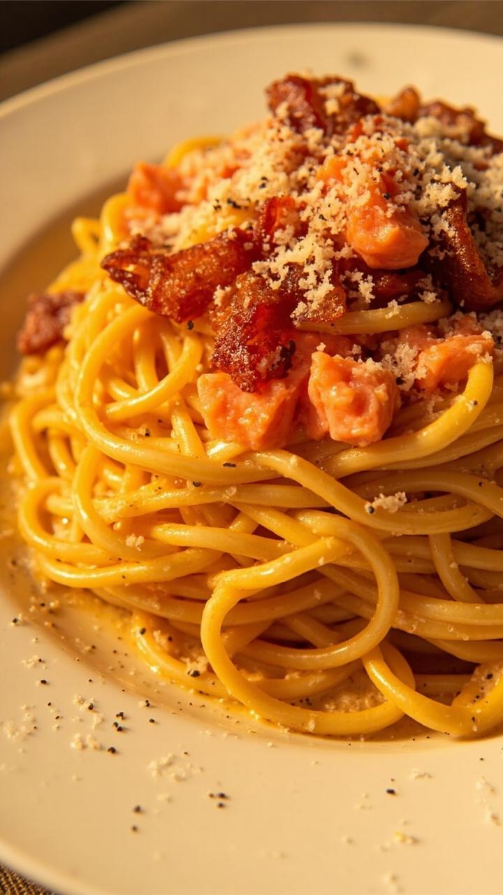 A generous mound of spaghetti in a glossy cream and egg sauce, scattered with chunks of salmon, crispy bacon or turkey bacon, cracked black pepper, and a dusting of parmesan.