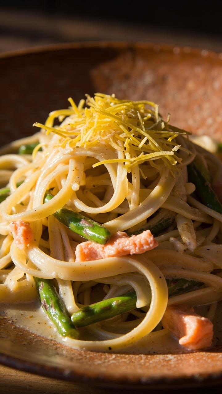 Wide pasta ribbons coated in creamy sauce with pink salmon flakes, green asparagus tips, and translucent sautéed leeks, plated on a rustic pottery plate and finished with lemon zest.
