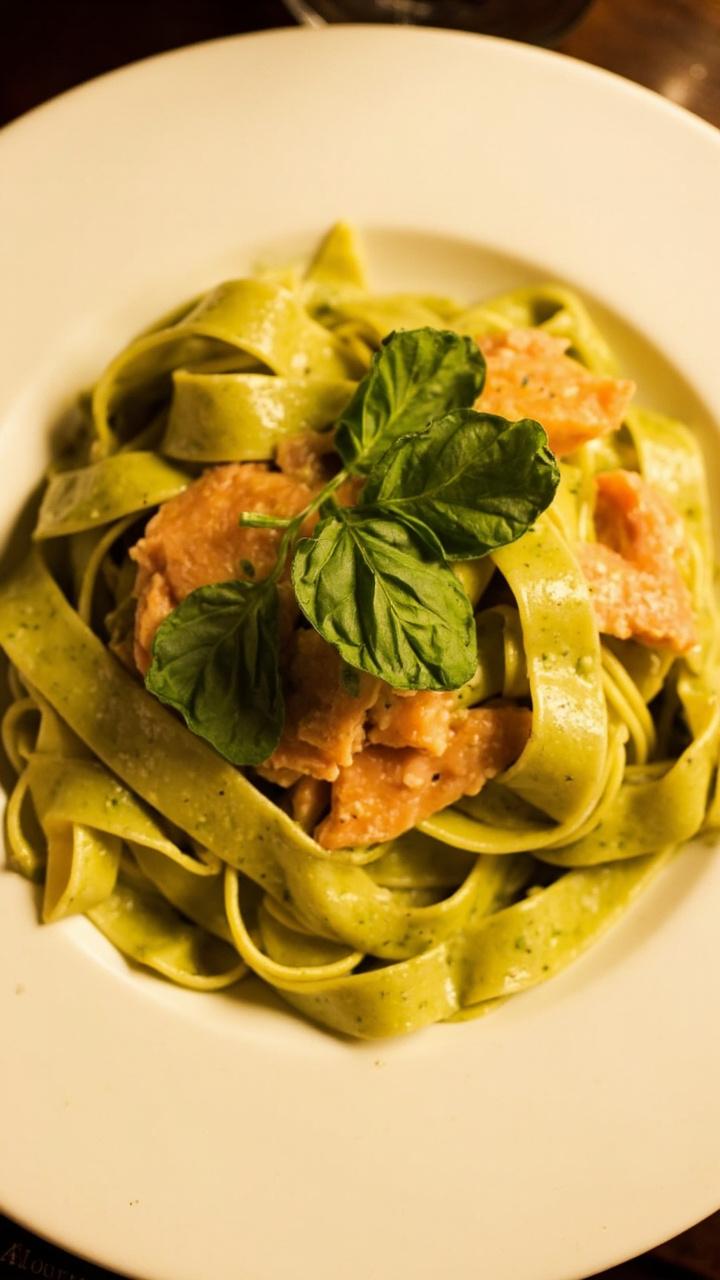 Pappardelle pasta tossed in a pale green, creamy pesto sauce, topped with pink flakes of salmon and a few torn basil leaves, served on a simple white dinner plate.
