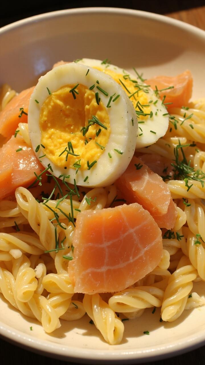 A round shallow bowl with short pasta, diced tender potatoes, flakes of salmon, a creamy dill sauce, and slices of hard-boiled egg arranged on top, all garnished with snipped chives.