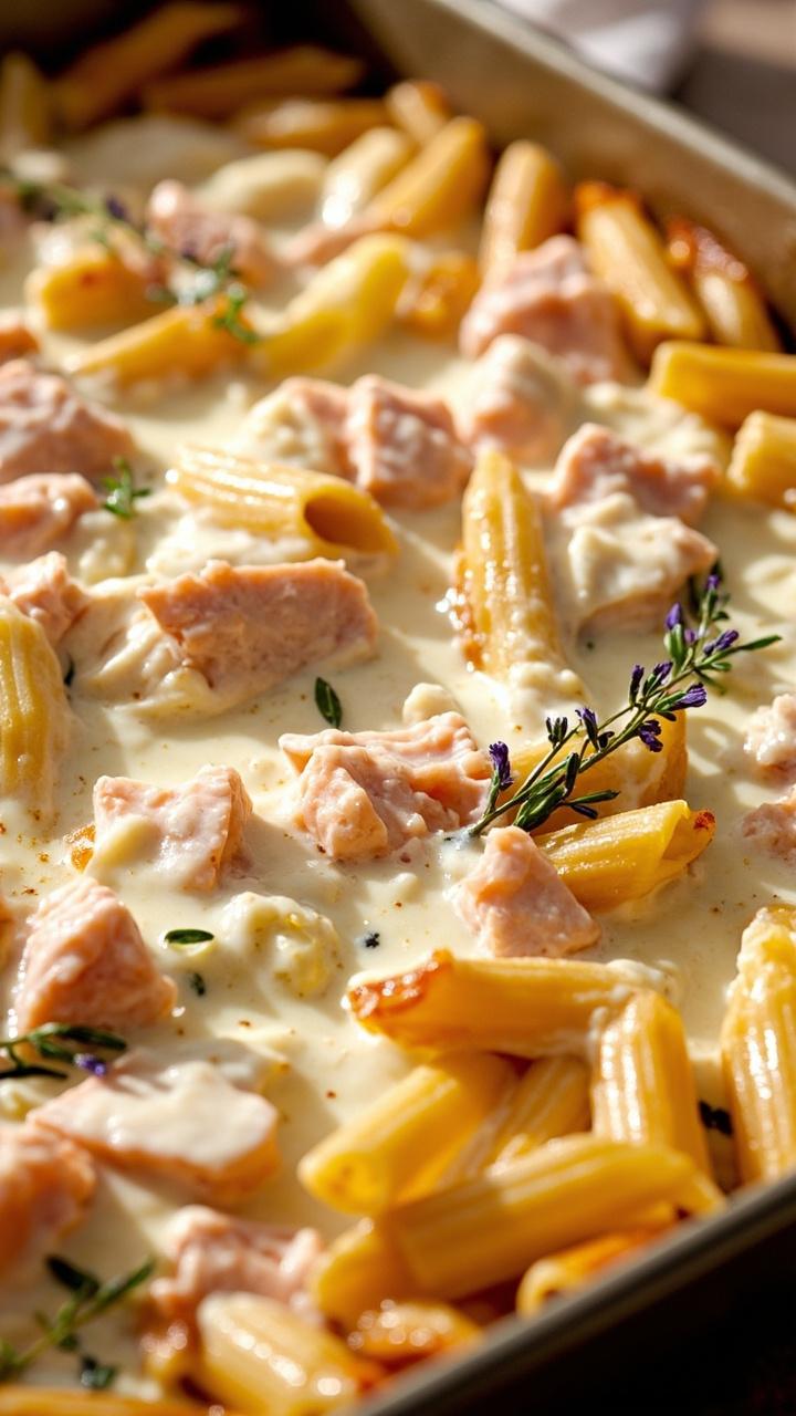 A square baking dish with penne pasta, creamy white ricotta sauce, golden baked edges, and pink salmon chunks peeking through. Sprigs of thyme scattered on top.