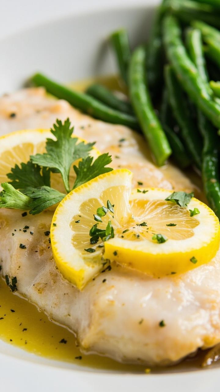 Baked flounder fillets on a white ceramic platter, glistening with lemon butter glaze, thin lemon rounds scattered on top, a sprinkle of fresh parsley, and a side of steamed green beans.